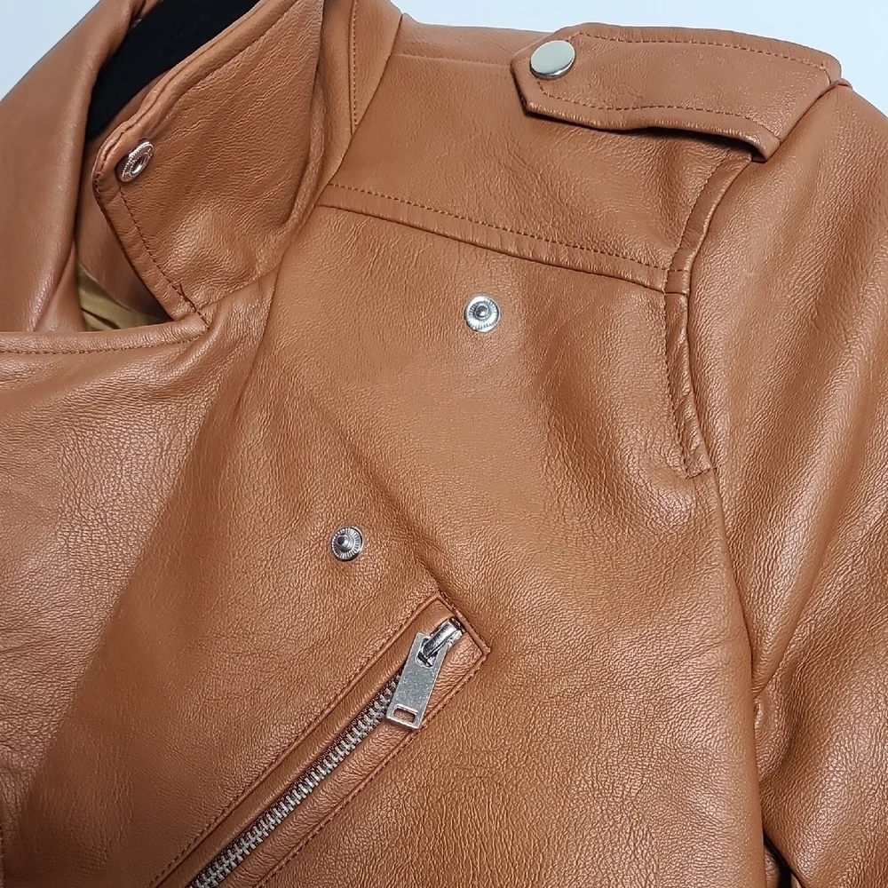 LOVE TREE Tan Vegan Leather Moto Jacket Brown Zip Up Size Small - Picture 11 of 16